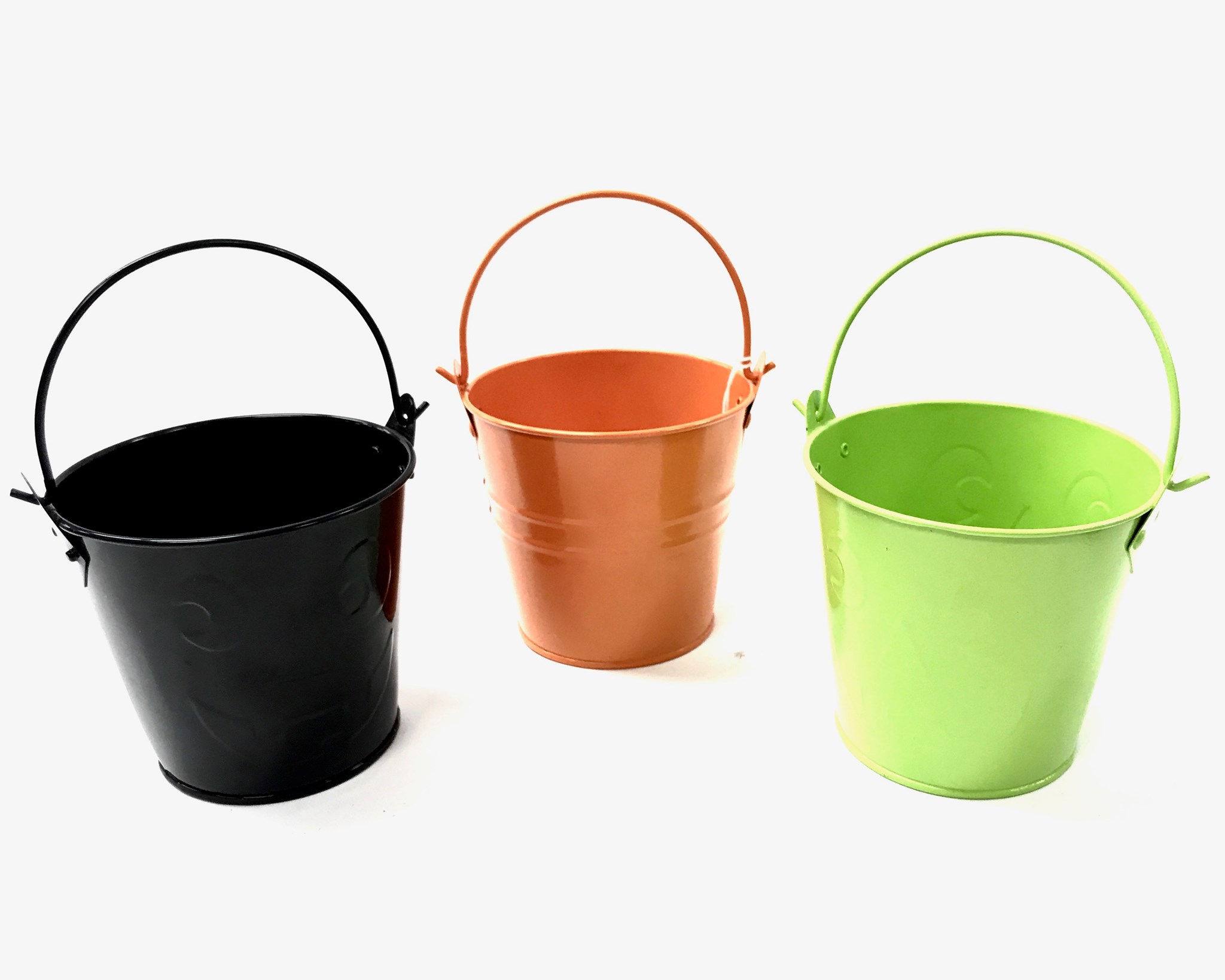 Tin Buckets Green, Black, Orange Asst (image for) Tin Buckets Green, Black, Orange Asst