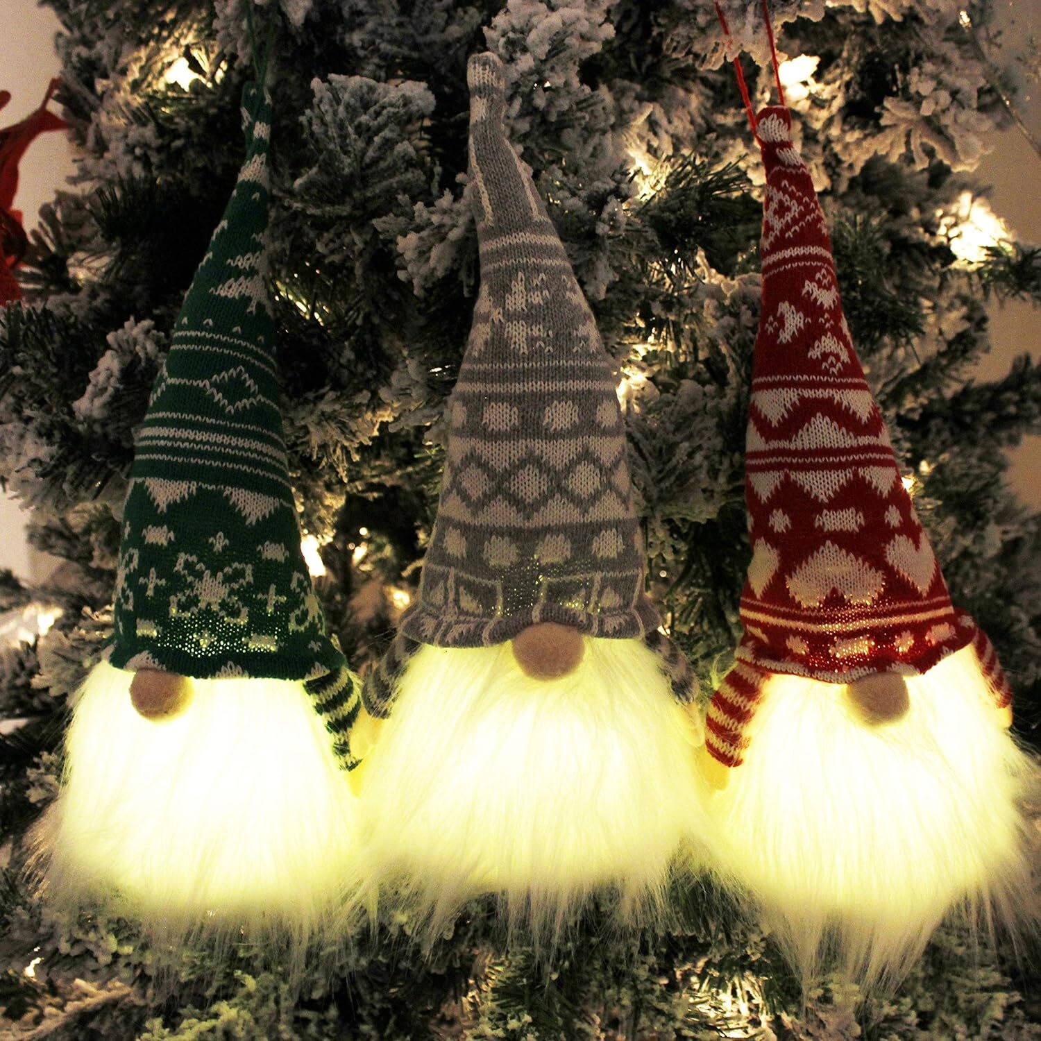 (image for) Set/3 - 12" LED Christmas Gnome Ornaments (Red, Green & Gray)