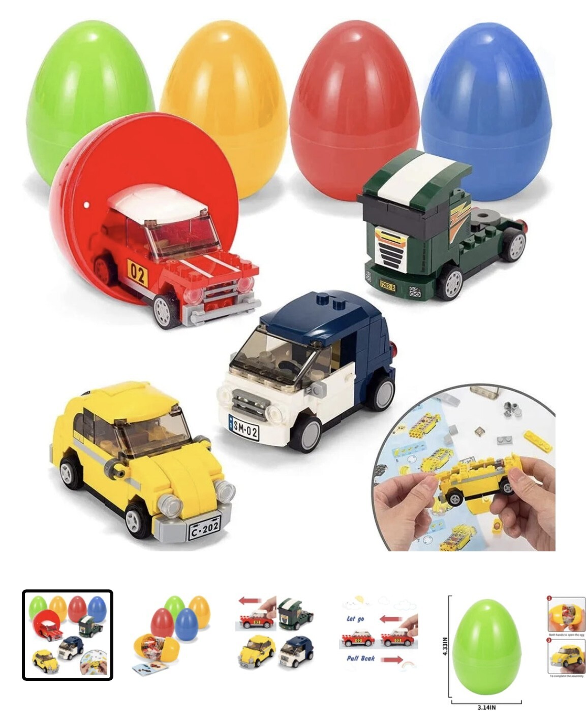 (image for) 4 Packs Easter Eggs Pull Back Cars Building Blocks