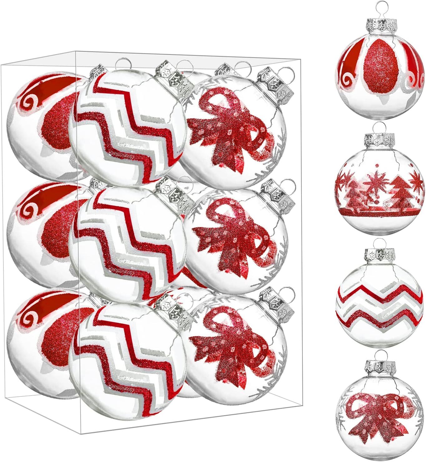 (image for) 12CT 90mm Clear Christmas Ball Ornaments  - Red & White