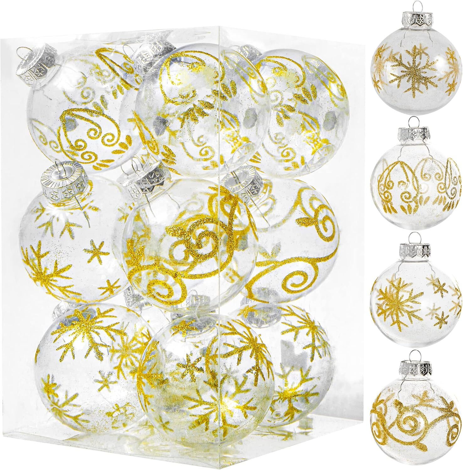(image for) 12PK 80mm Clear Ornaments with White & Gold